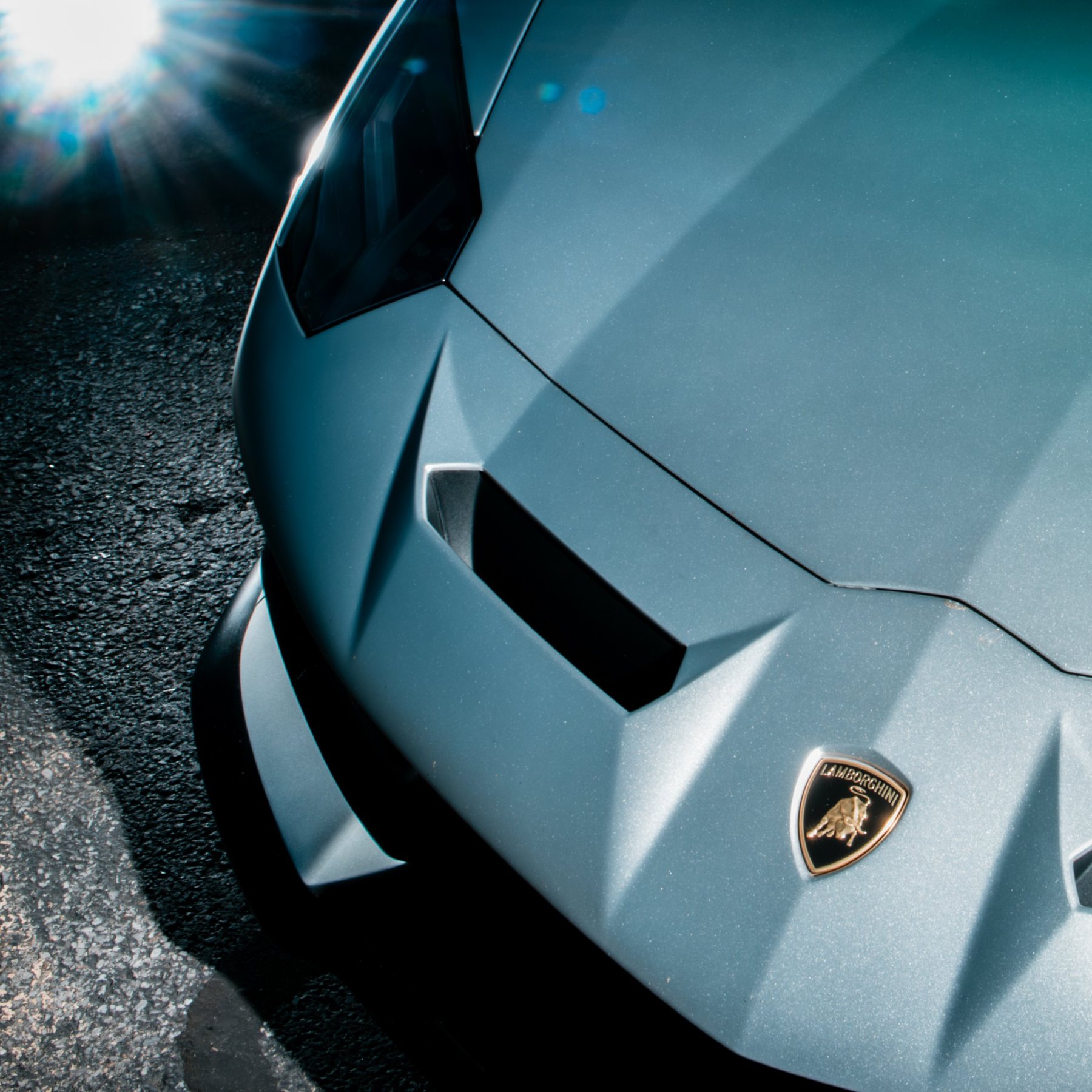 Matte blue-gray Lamborghini nose detail